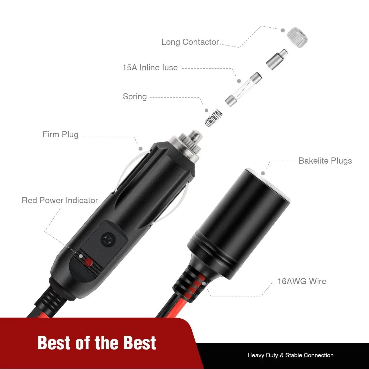 1 to 2 Car Cigarette Lighter Splitter Plug Socket with 15A Inline Fuse