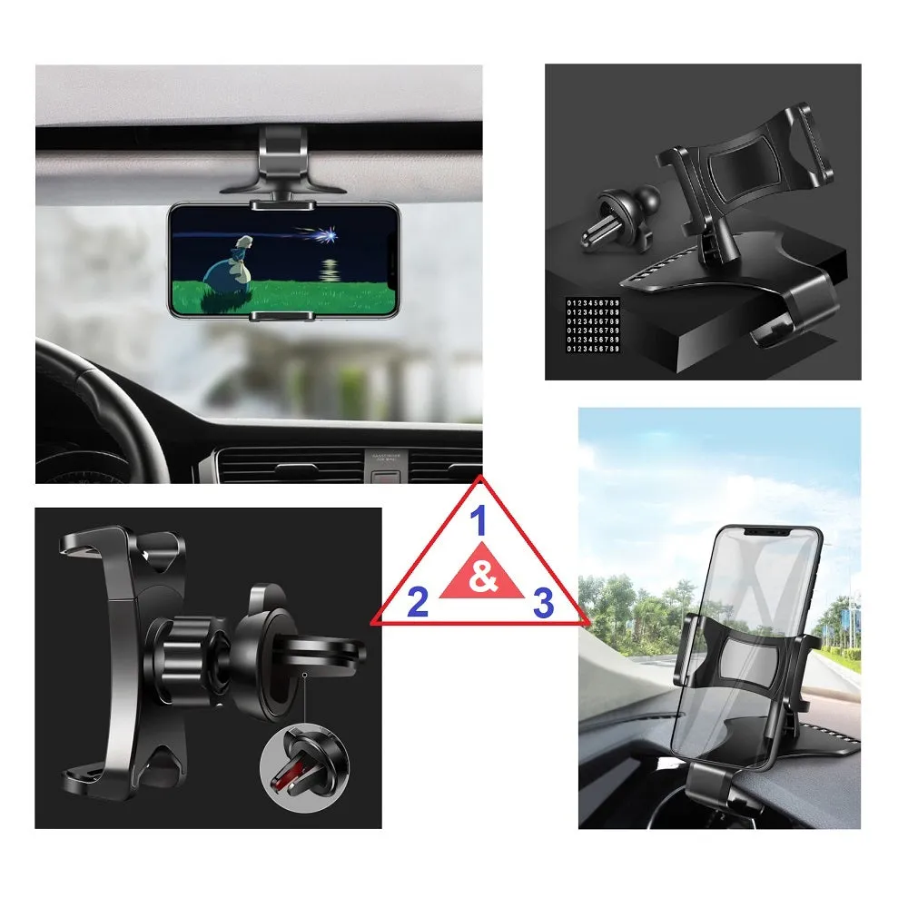 3 in 1 Car GPS Smartphone Holder: Dashboard / Visor Clamp AC Grid Clip for BGH Joy A6 - Black