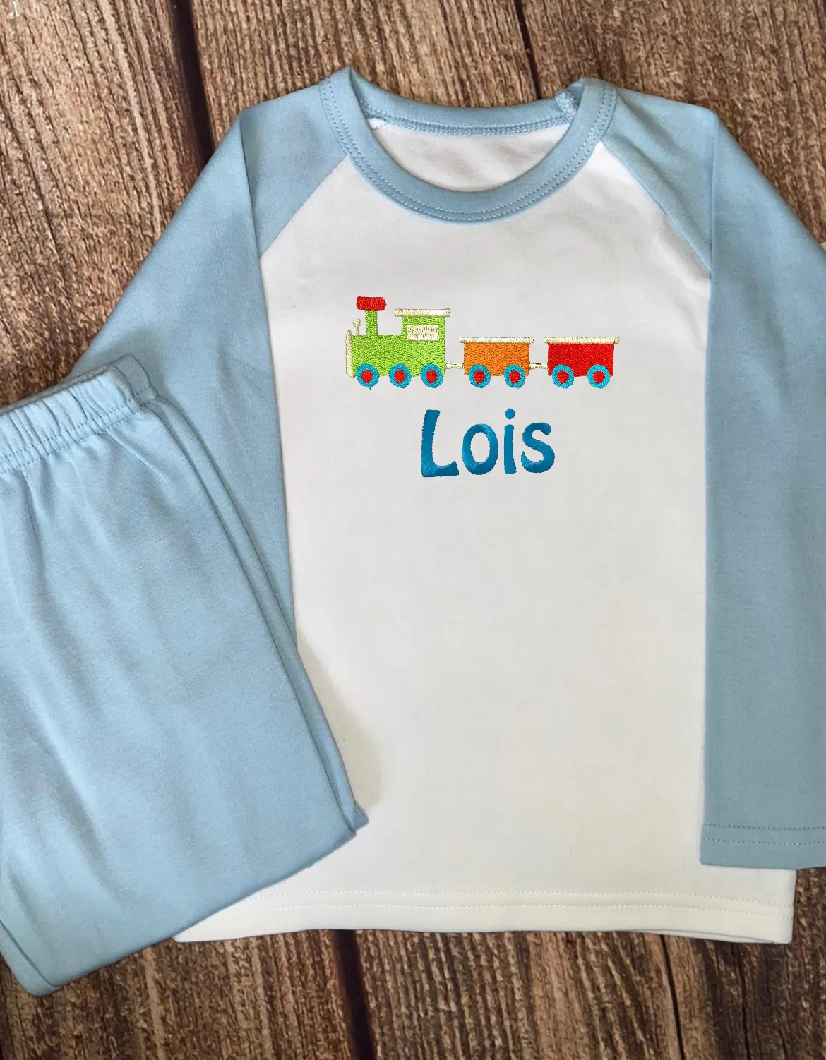 Personalised Pyjamas, embroidered with name & choice of transport design. Gift, keepsake, high quality, soft, PJ's