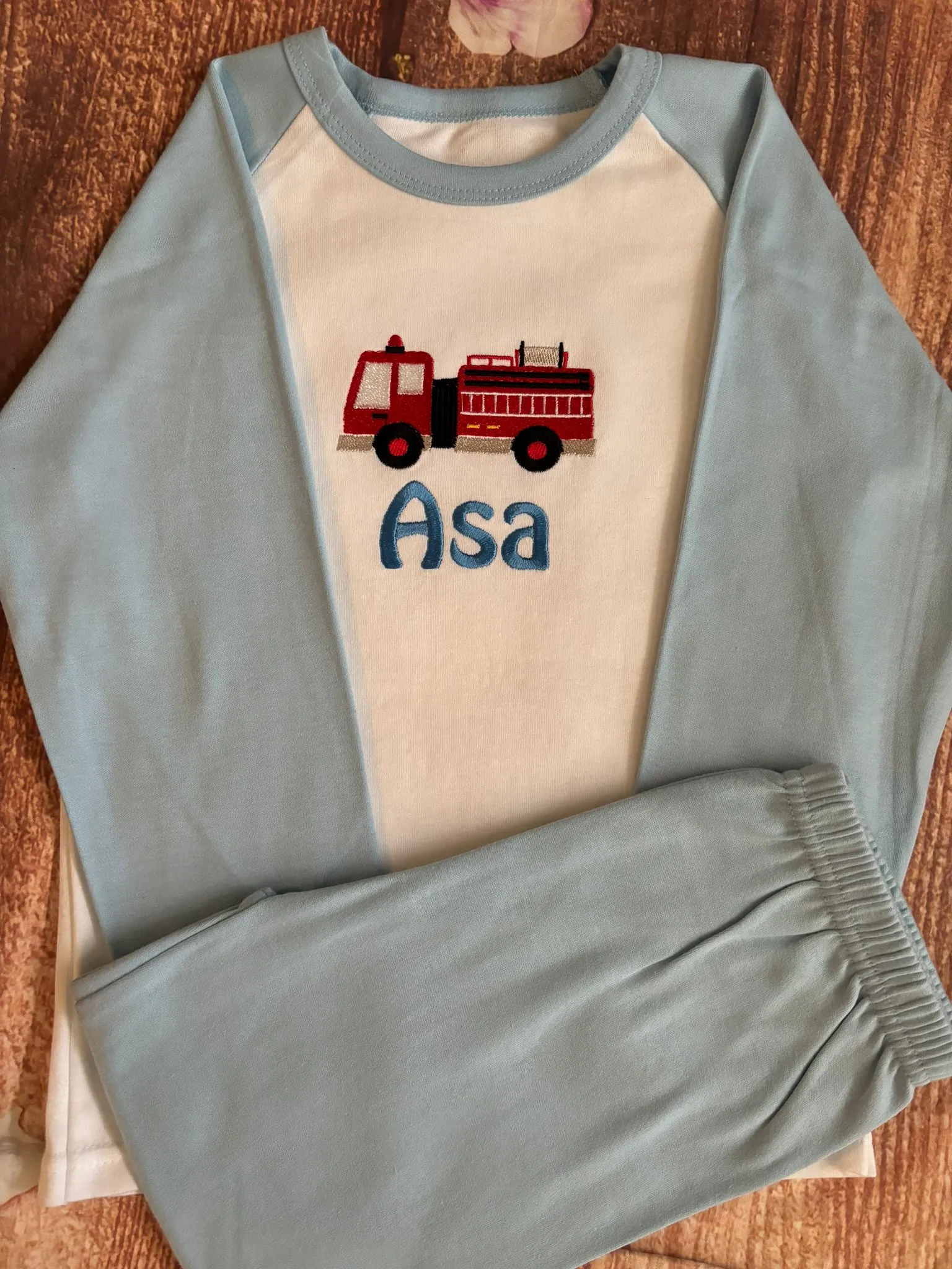 Personalised Pyjamas, embroidered with name & choice of transport design. Gift, keepsake, high quality, soft, PJ's