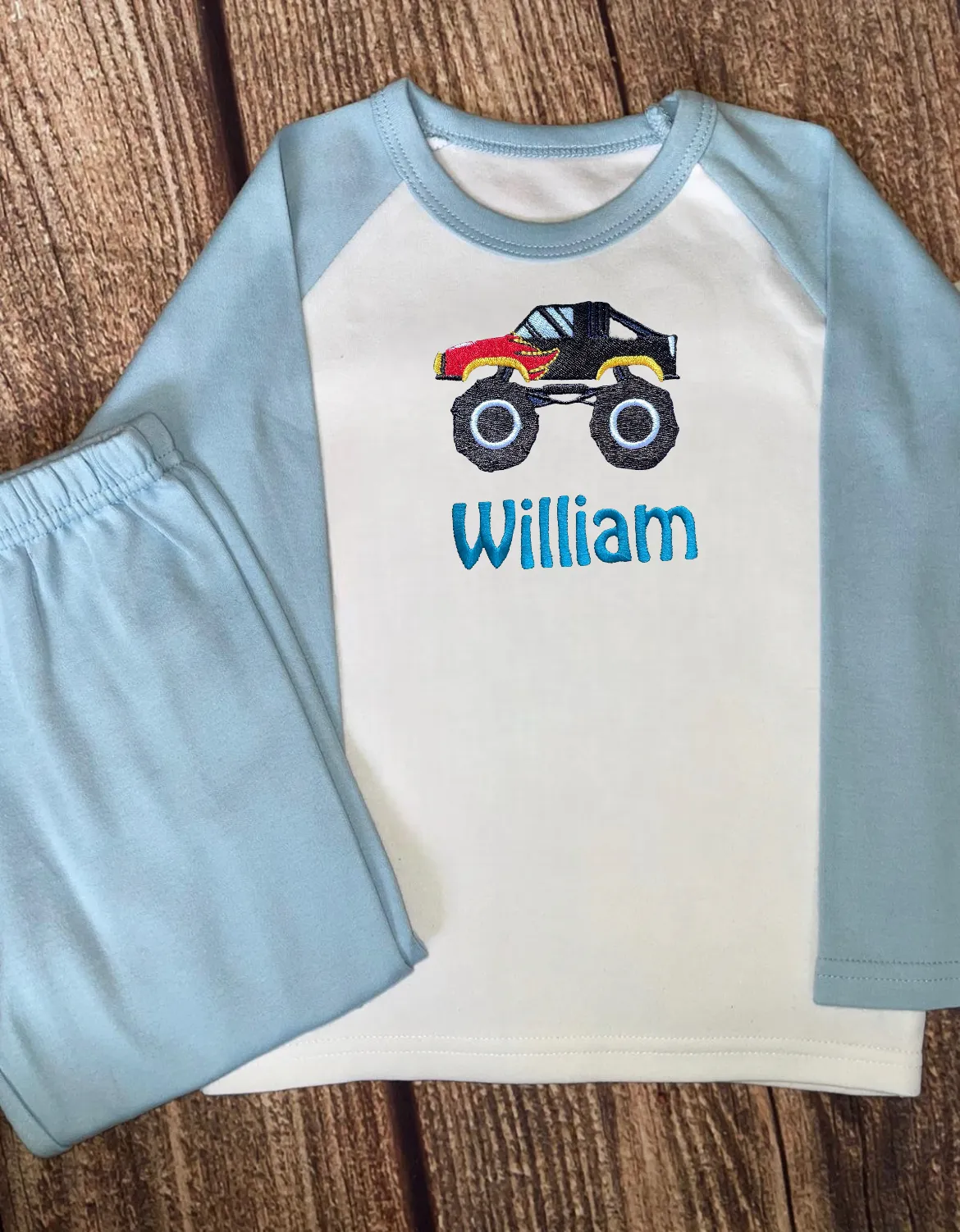 Personalised Pyjamas, embroidered with name & choice of transport design. Gift, keepsake, high quality, soft, PJ's