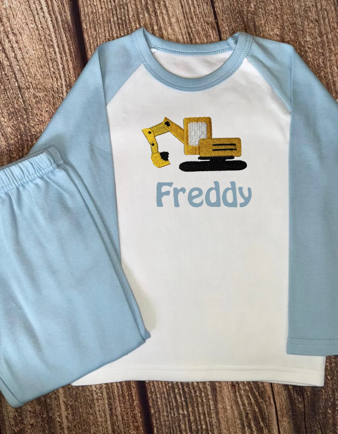 Personalised Pyjamas, embroidered with name & choice of transport design. Gift, keepsake, high quality, soft, PJ's