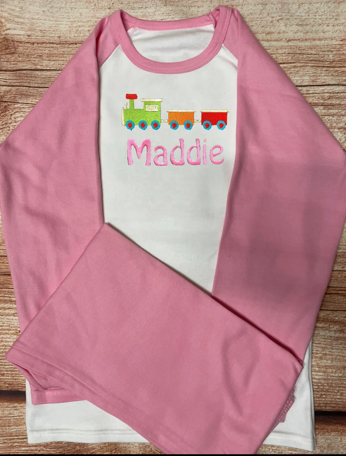Personalised Pyjamas, embroidered with name & choice of transport design. Gift, keepsake, high quality, soft, PJ's