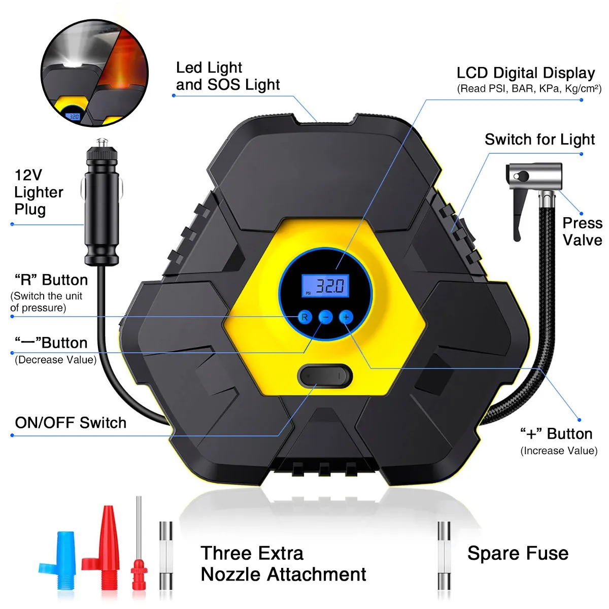 Portable Digital Tire 12V Car Air Compressor Pump with 150 PSI LED Screen