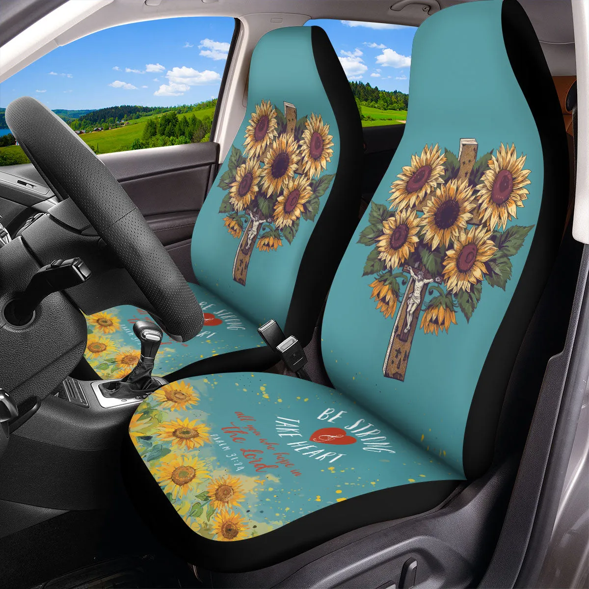 Teesdily | Jesus Cross Sunflower Car Seat cover, Be Strong And Take Heart Christ Front Seat Protectors, Hope In The Lord Car Decor, Christian Gift