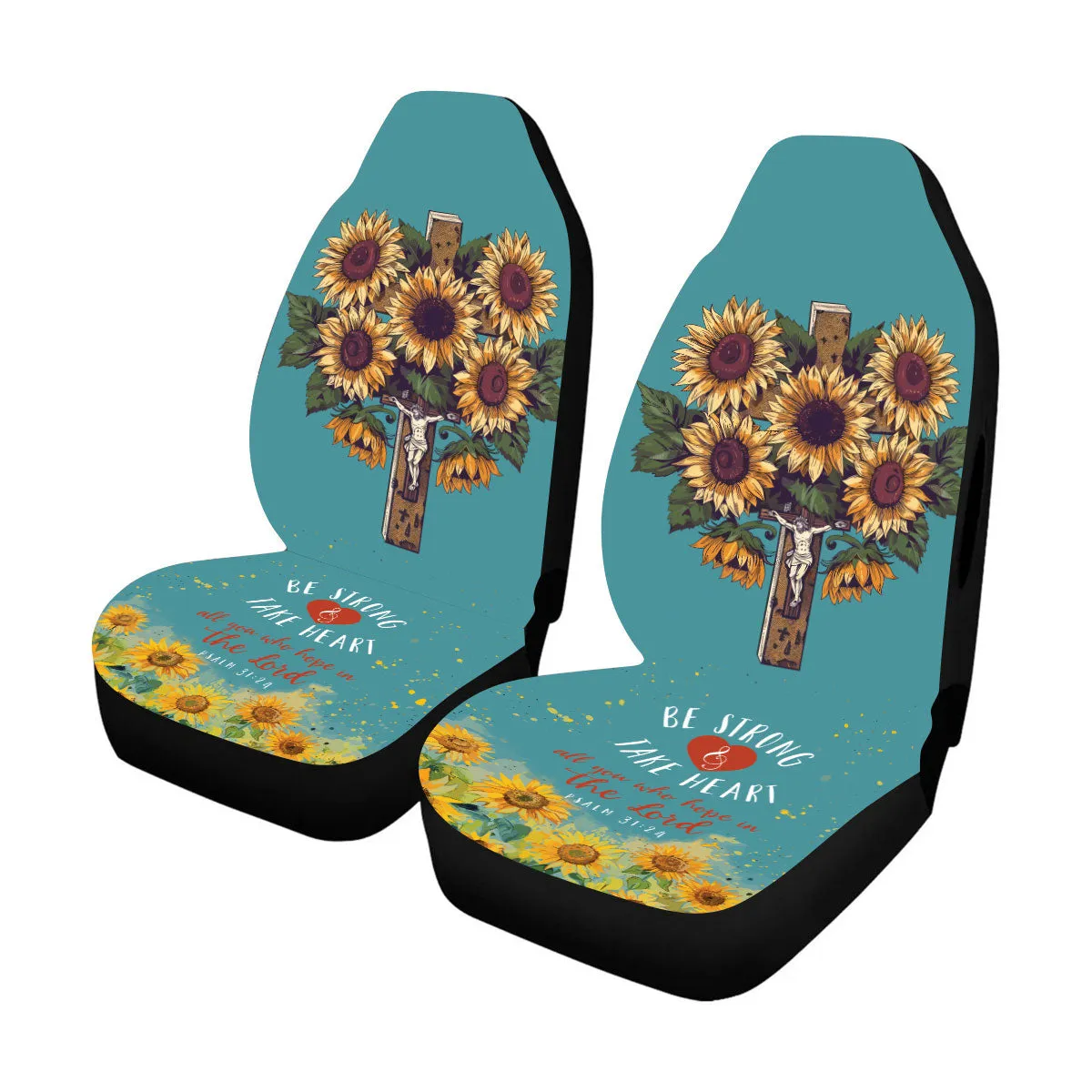 Teesdily | Jesus Cross Sunflower Car Seat cover, Be Strong And Take Heart Christ Front Seat Protectors, Hope In The Lord Car Decor, Christian Gift